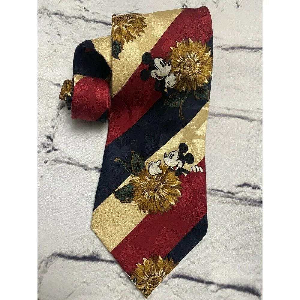Vintage 90s The Disney Store Mickey Mouse Sunflower 100% Silk Neck Tie 1990s